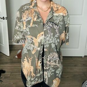 Women's Green Animal Print Button Down Shirt